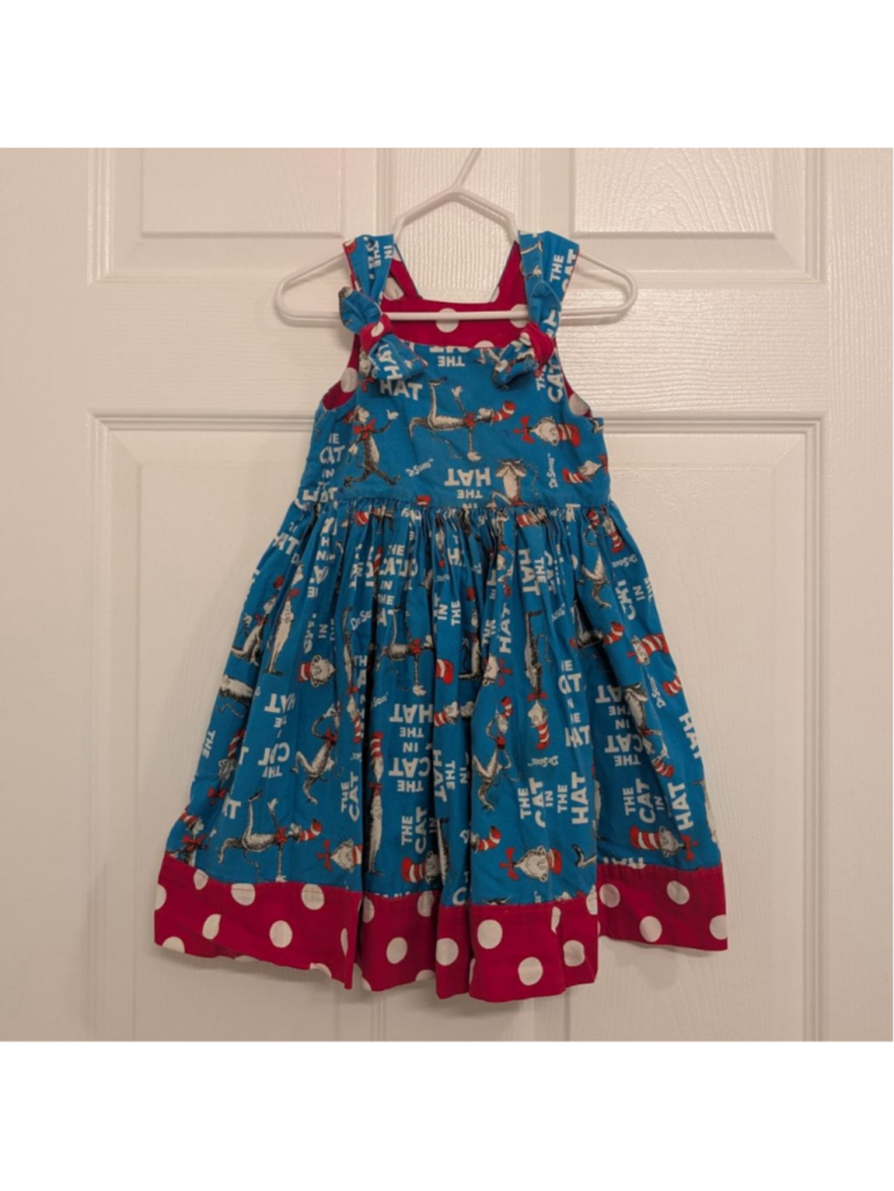 Dr Seuss The Cat in the Hat Dress Girls Size 3T 4T Blue Pink Polka Dot Bows